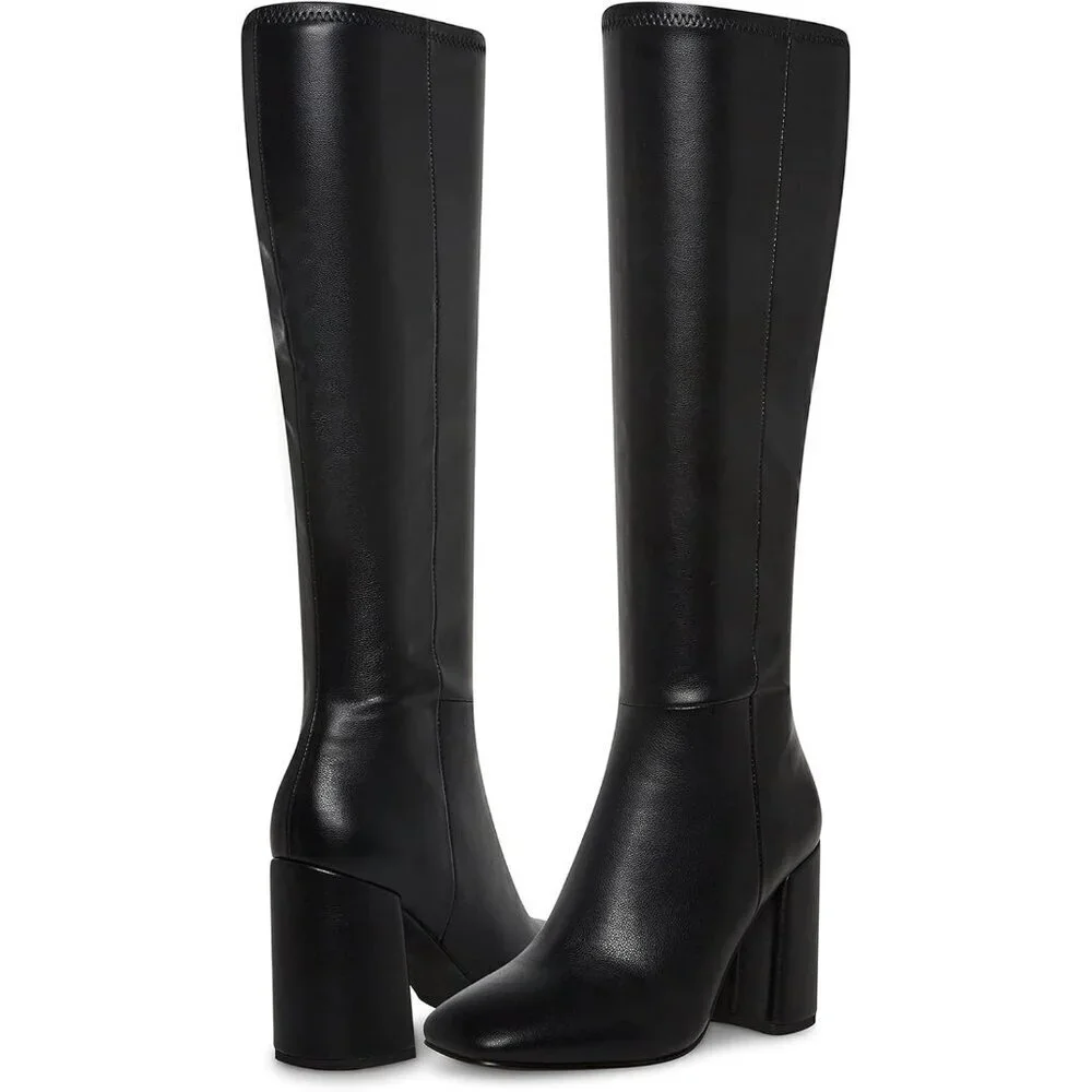 Women's Black Faux Leather Fashion Square Toe Chunky Heel Knee High Boots